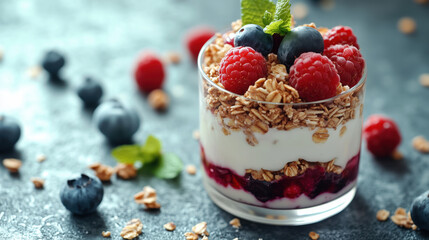Glass of layered yogurt parfait with granola, raspberries, blueberries, and mint on dark surface. Healthy breakfast or snack. Fresh treat.