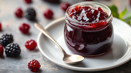 Glass jar of dark berry jam on white plate with spoon, surrounded by fresh blackberries and raspberries. Sweet homemade preserve.