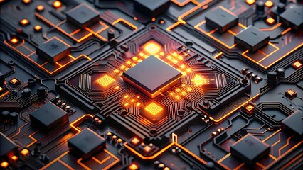 Photo of closeup view of a glowing orange circuit board with a central processor