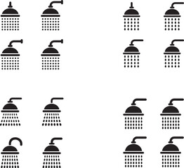 Collection of black shower head icons with falling water drops on white background