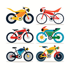 Fototapeta premium A vibrant and playful collection of six stylized bicycles and motorcycles each rendered in a bold flat design with a retro futuristic aesthetic and bright