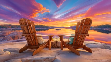 A tranquil lake at sunset is the backdrop for two chairs in silhouette perched on a rock