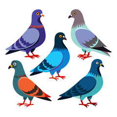 Colorful Cartoon Pigeons A Collection of Five Standing Birds with Varied Plumage and Distinctive Markings Isolated on a White Background Showcasing a Range of Blues