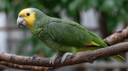 Obraz premium A colorful Amazon parrot rests on a branch, surrounded by lush greenery that accentuates its vibrant feathers