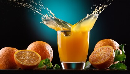 an exciting moment captured as orange juice splashes in a glass conveying freshness and vitality ideal for food and beverage stock imagery or advertising