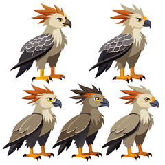 A collection of six stylized cartoon illustrations depicting a mythical creature possibly a griffin or hippogriff with variations in color and expression set against a