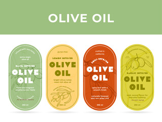 A set of olive oil labels that feature the flavors of basil, lemon, garlic, and chili. Each label highlights unique characteristics that are ideal for fine dining or a healthy lifestyle.