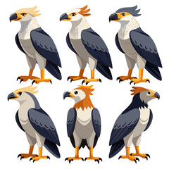 A collection of six stylized Harpy Eagle illustrations each with unique color variations and standing in a proud upright posture against a clean white background