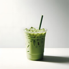 green tea cold matcha  in a glass isolated white background 