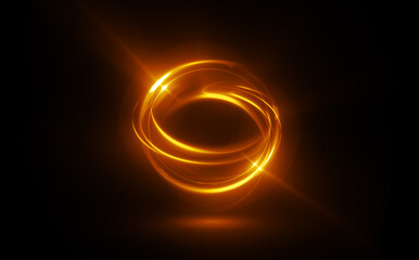 Glow swirl light effect. Circular lens flare. Abstract rotational lines. Power energy element. Luminous sci-fi. Shining neon lights. Swirl trail effect. Dynamic ellipse. Neon gradient. Golden illusion