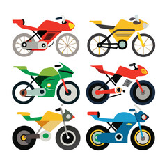 A vibrant collection of six stylized motorcycles each rendered in a unique color palette and design arranged in a grid pattern against a clean white