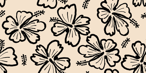Hand drawn tropical flowers, seamless patterns with floral for fabric, textiles, clothing, wallpaper, cover, banner, interior decor, abstract backgrounds. vector illustration.