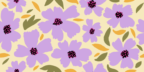Exotic hand drawn Purple flowers, seamless patterns with floral for fabric, textiles, clothing, wrapping paper, cover, banner, home decor, abstract backgrounds. Vector illustration.