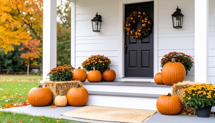 Rustic Front Porch Decorated for Fall with Stacked Pumpkins, Colorful Mums, Autumn Wreath, Hay Bales, Lanterns, Cozy Welcome Mat, and Scattered Autumn Leaves for Seasonal Charm