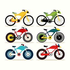Fototapeta premium Colorful Bicycle Collection A vibrant assortment of six uniquely designed bicycles each showcasing a different color scheme and style set against a clean white background