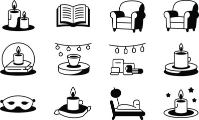 Black and White Relaxation Icons Candles Book Armchairs