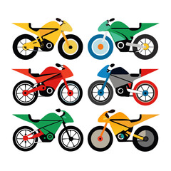 Obraz premium Collection of Colorful Cartoon Motorbikes on White Background Featuring Yellow Green Red and Blue Motorcycles with Distinct Designs Perfect for Children s Illustrations and Transportation