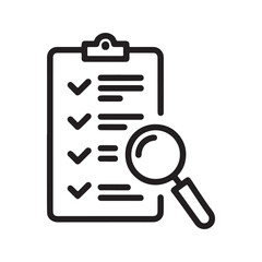 Checklist Review Icon with Magnifying Glass and Clipboard – Audit Outline Symbol