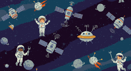 A whimsical cartoon illustration showcases diverse astronauts and various satellites floating amidst planets in the vast expanse of outer space.