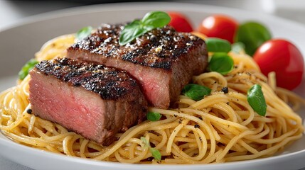 Juicy steak alongside flavorful spaghetti and colorful vegetables offers a delightful culinary experience on a clean, white background
