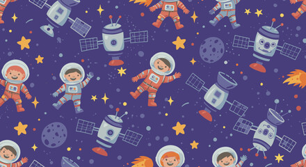 A whimsical cartoon pattern of cheerful astronauts floating among stars, planets, and rockets, evoking a sense of childlike wonder and space exploration.