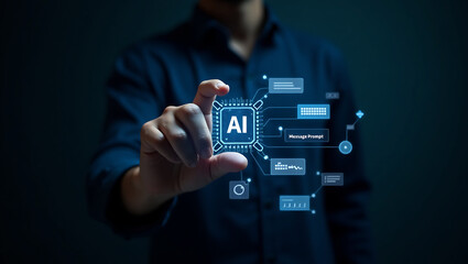 Person touching a holographic ai chip with connected digital interface elements and data visualizations representing artificial intelligence and technology