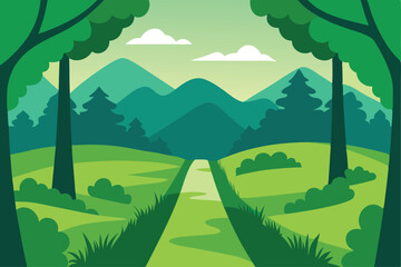 Serene Mountain Landscape Picturesque Path Through Lush Green Forest