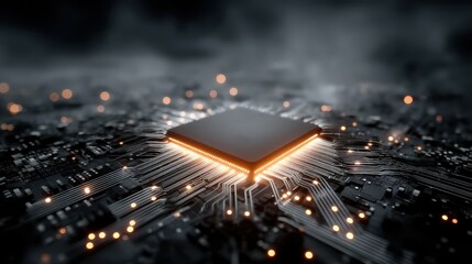 Luminous AI core emits digital signals surrounded by a foggy sky, highlighting advanced technology in a futuristic setting