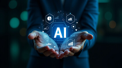 Person holding a glowing ai interface with digital icons representing data analytics and technology in a dark background