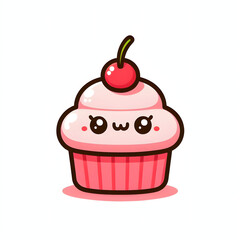 cartoon cupcake with pink frosting and cherry on top, minimal and cute style, white background


