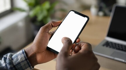 businessman holding smartphone, white screen