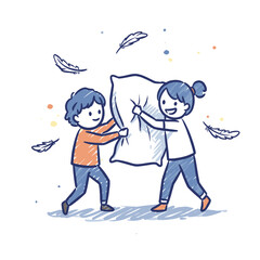Children playing pillow fight with feathers in playful atmosphere  