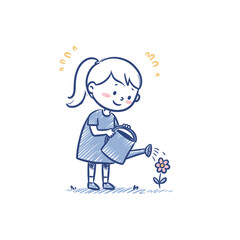 Girl watering flower in garden with joyful expression  