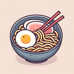 simple cartoon ramen bowl with soft pastel noodles and egg, minimal design

