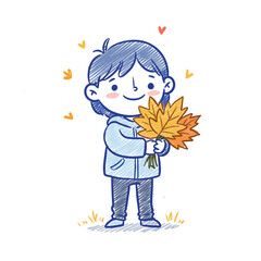 Happy child holding colorful autumn leaves in a playful manner  