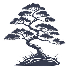 Stylized dark silhouette of a twisted pine bonsai tree with lush foliage on a white background