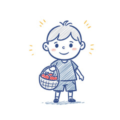 Boy smiling while holding a basket of strawberries in a joyful manner  