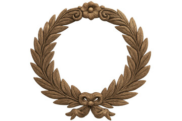 Delicate wooden laurel wreath circling, featuring decorative bow and central floral accent, set against transparent backdrop