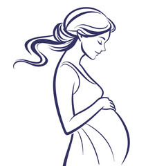Elegant line art illustration of a pregnant woman gently holding her belly with her eyes closed