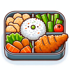 flat cartoon bento box with rice, karaage, and vegetables, white background

