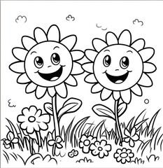 Cute smile face sun flower coloring page