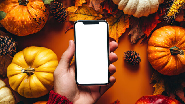 A close-up view of a mobile phone with an empty white screen in a man's hand. A phone mockup for a mobile app presentation about Thanksgiving discounts. The orange table is littered with a pumpkins