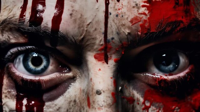 Intense blue eyes of psychopathic serial killer with bloodstained face showing disturbing violent expression and menacing psychological horror atmosphere