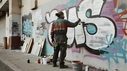 Naklejka premium Artist Creating Street Graffiti, Street Art & Trendy Culture Element