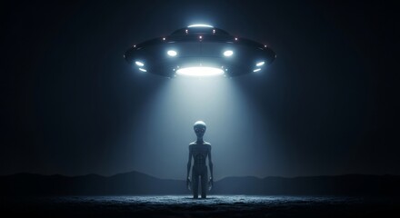 Alien Encounter Night - A mysterious alien stands illuminated beneath a hovering spacecraft, symbolizing mystery, exploration, the unknown, otherworldly contact, and cosmic wonder