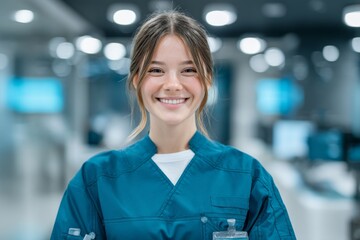 Fototapeta premium A female employee of a hospital is standing in one of its corridors