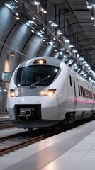 Naklejka premium Neon-lit train glides through a modern tunnel, featuring vibrant colors and a sense of speed in a high-resolution capture