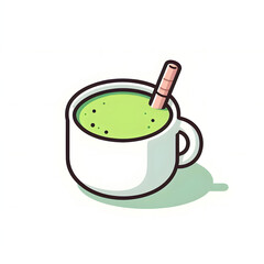 Japan matcha latte set. Flat cartoon illustration of matcha drinks. Matcha latte with foam art, heart, rabbit, flower. Green matcha in various cups.