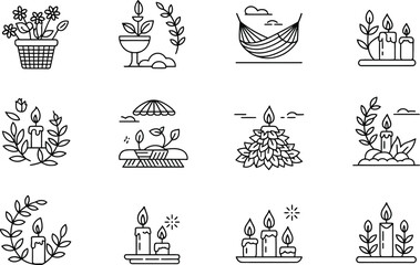 Fototapeta premium Line Art Icons Candles Flowers Hammock Plants vector