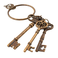 Antique bronze keys hanging on ring, isolated PNG transparent background